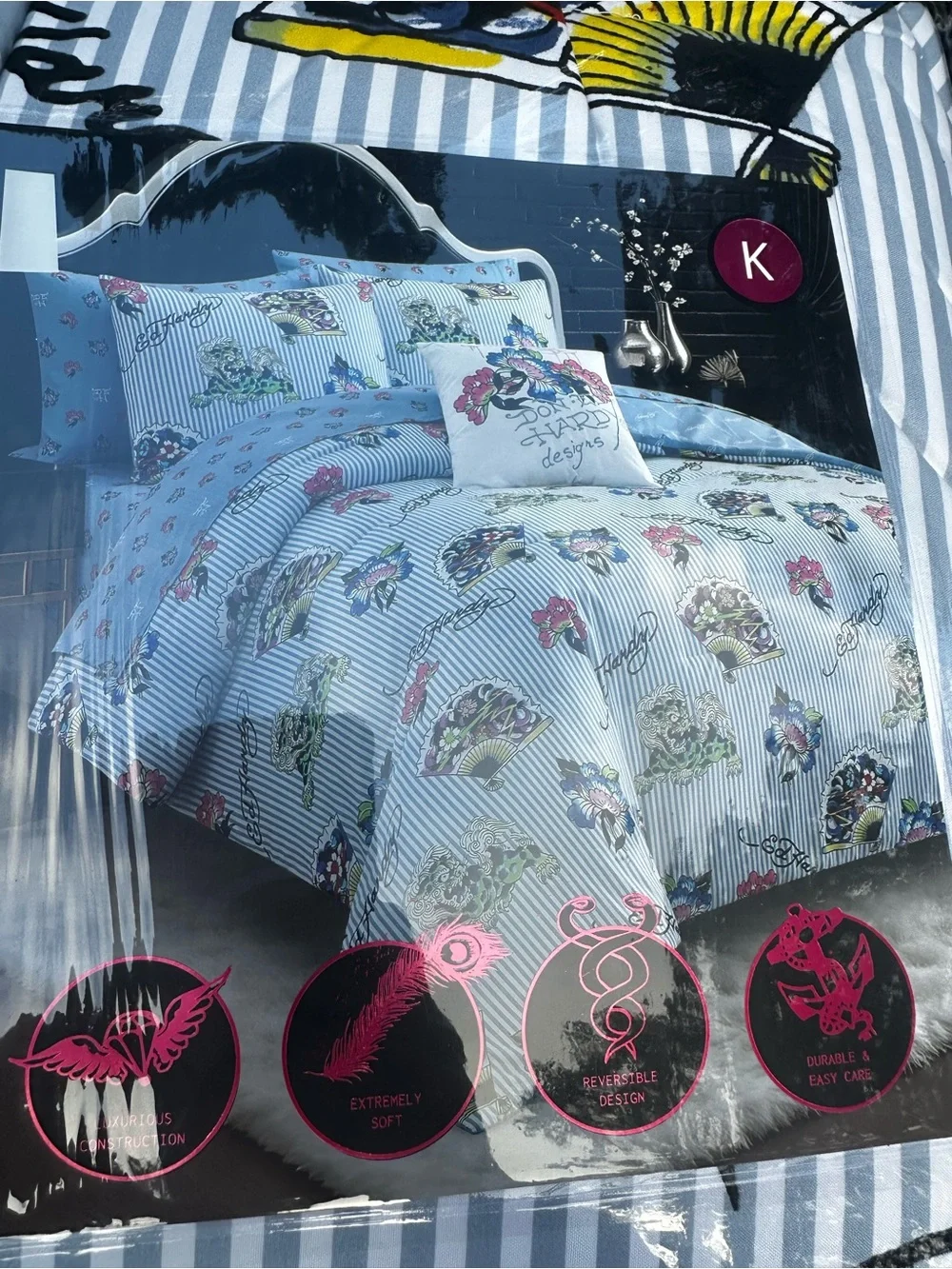 Ed Hardy 8 Piece King Reversible Bedding Set NIP Blue Floral Striped Comforter